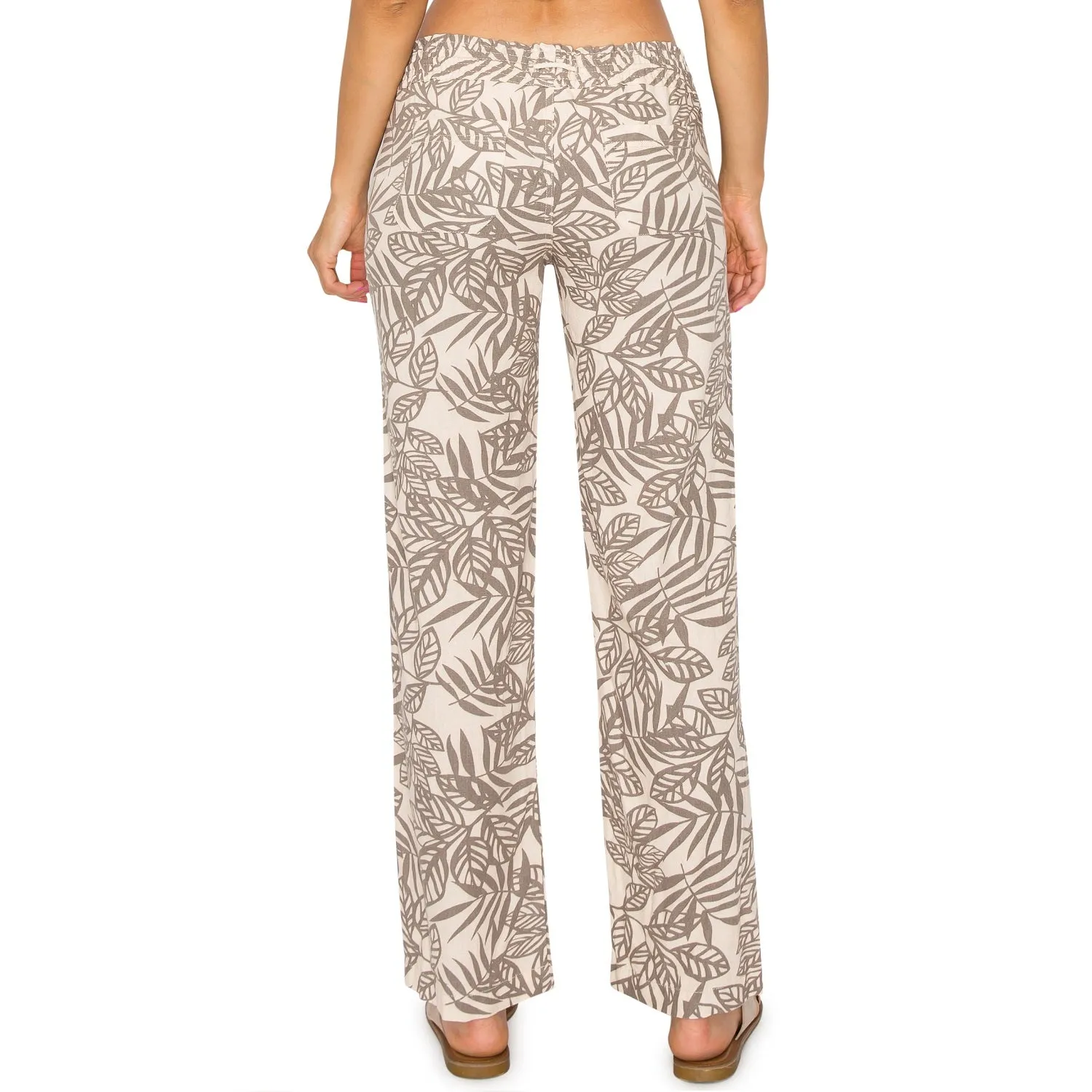 Linen Pants 29" Inseam Drawstring Smocked Waist Printed Beach Pants - Palm