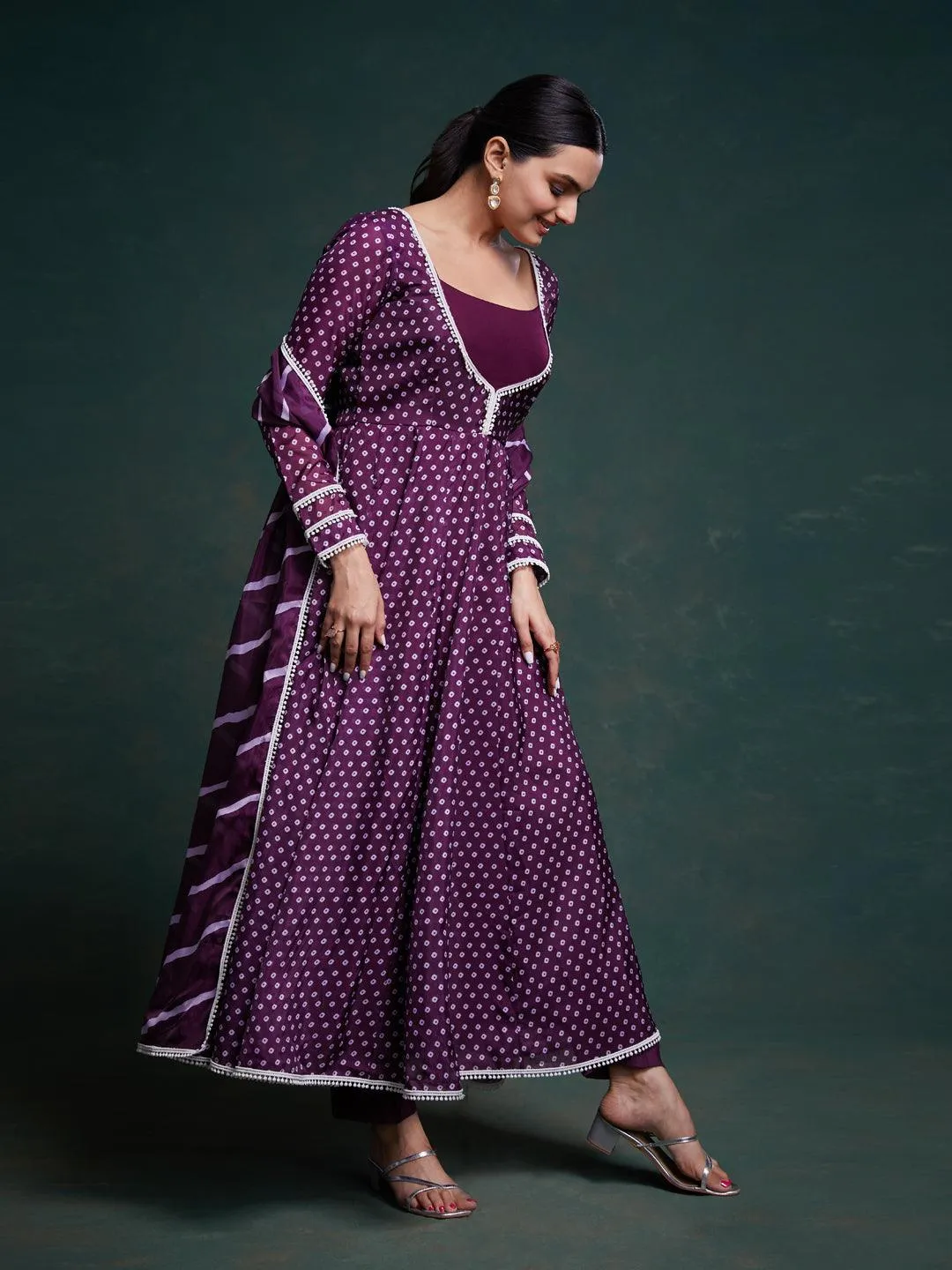 Purple bandhani pattern anarkali suit